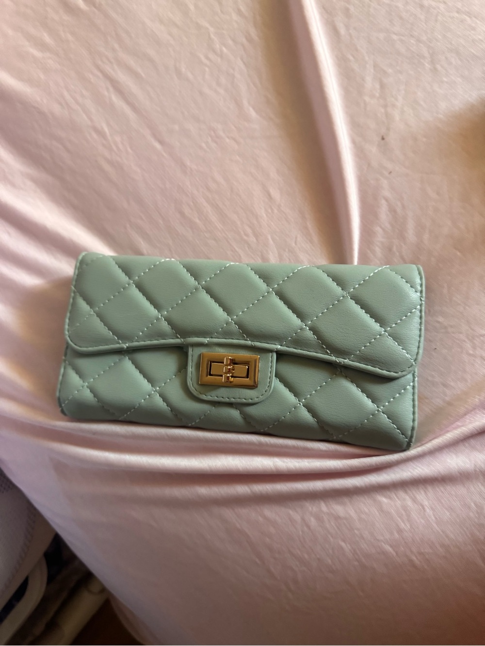 Quilted Mint Green Flap Wallet with Gold Turn-Lock
